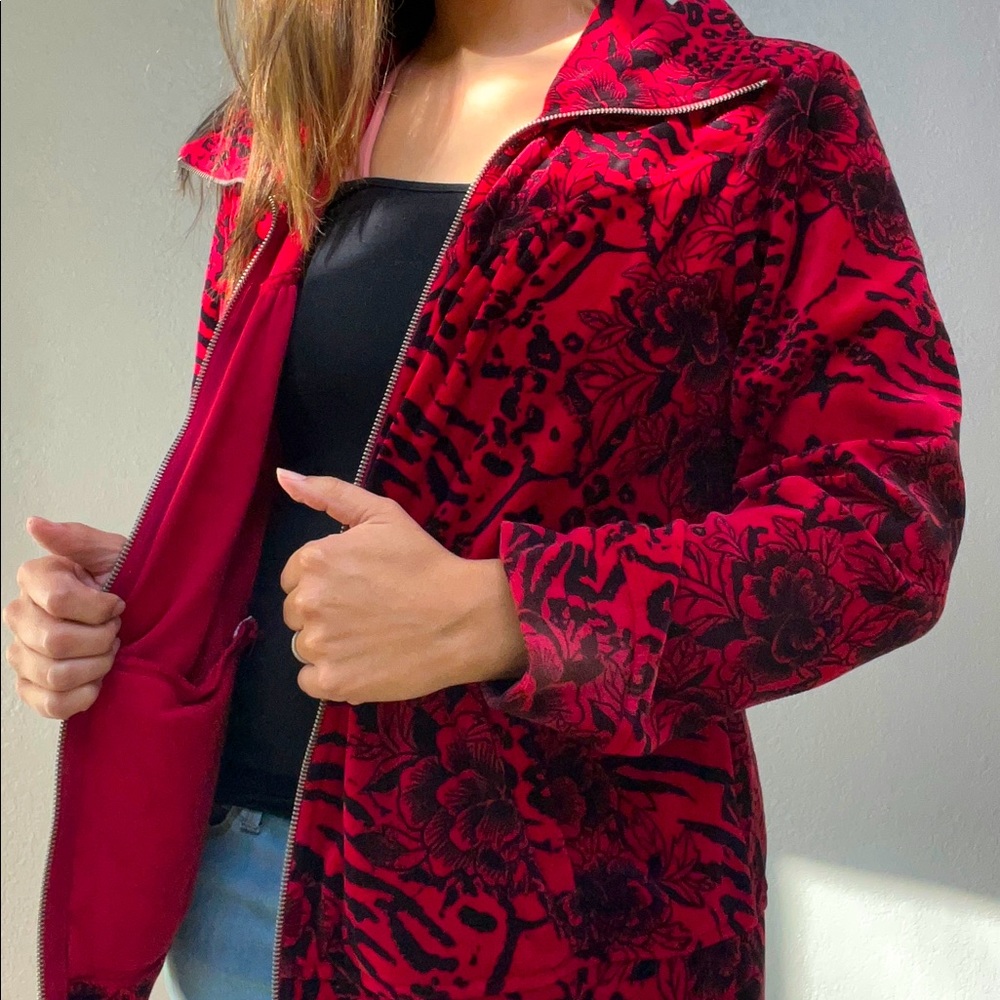 Style & Co Sport Red and Black Velour Floral and Animal Print Jacket Size XL